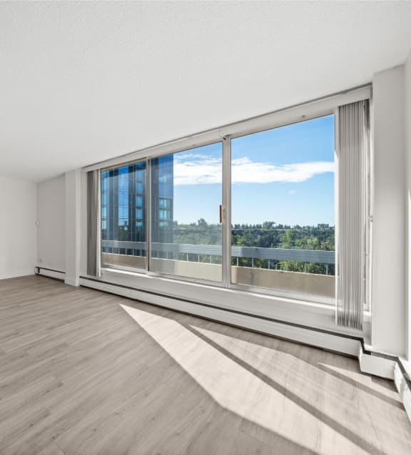 an office with a window and a desk with a plant