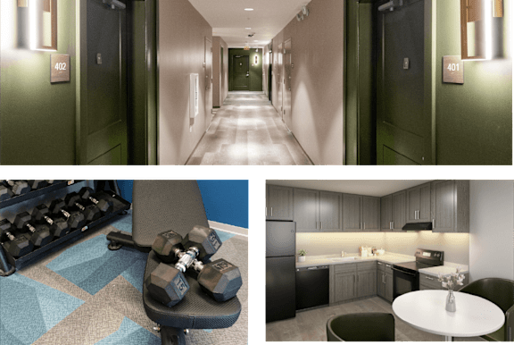 A gym with a bench, weights, and a kitchen area. at 35 Broadway Apartments, Menands, 12204