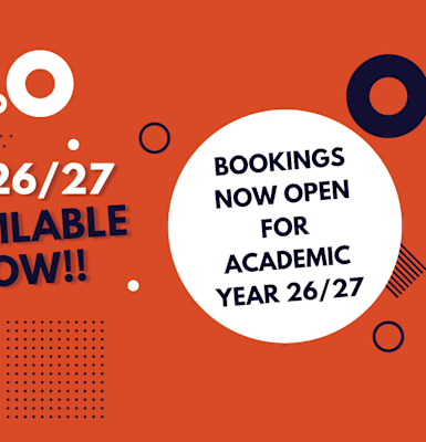 The image announces that bookings for the academic year 2026/27 are now open.