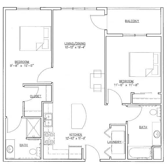 2 BR 992 sqft