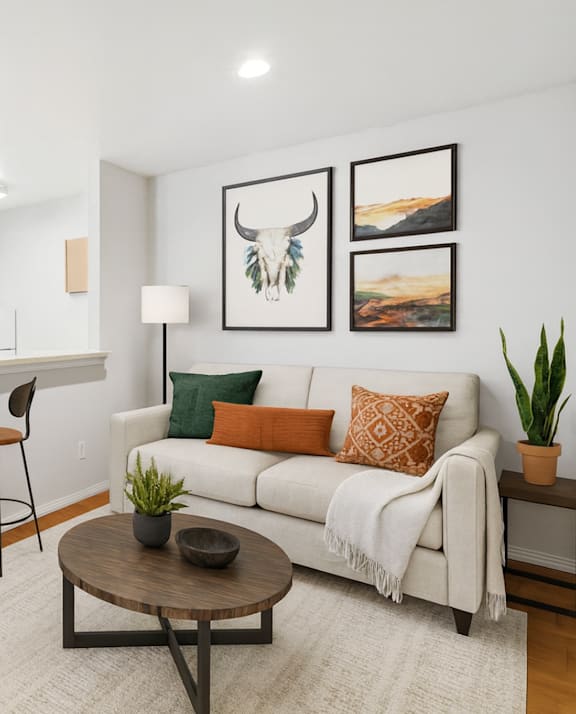 A 3D floor plan of a two-bedroom apartment.