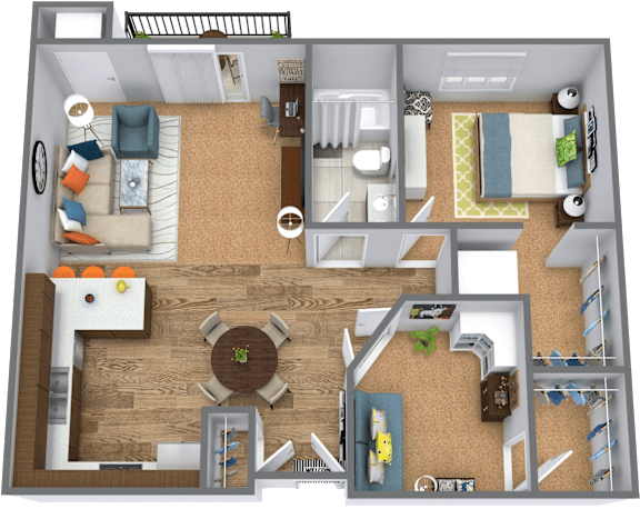 A 3D floor plan of a house with a kitchen, living room, and dining area.