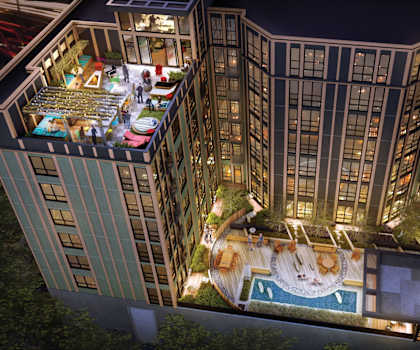 A high rise building with a pool and a garden on the roof.