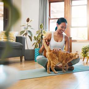 A woman is sitting on a yoga mat with her orange cat.