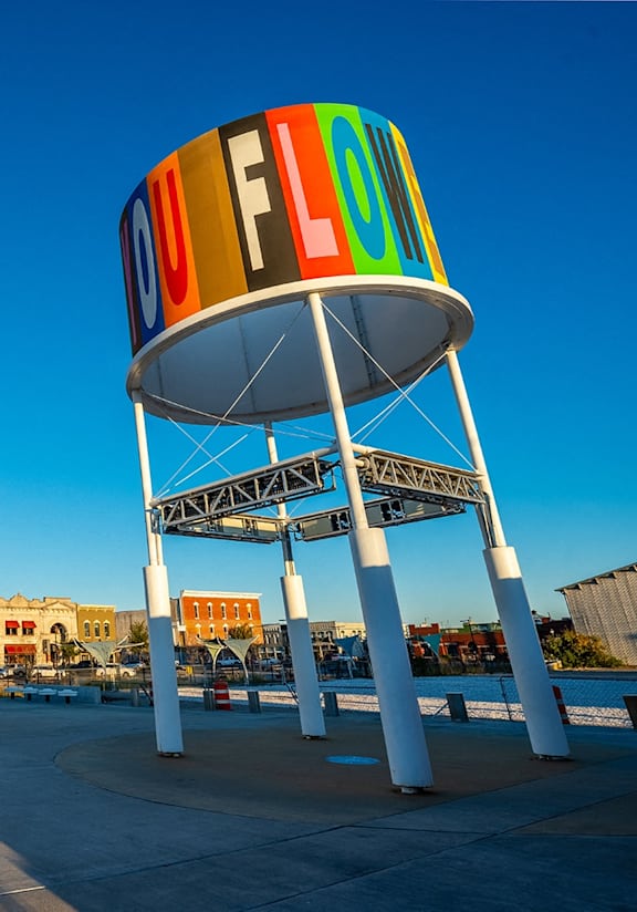 Two water towers with the word "FLOOD" on them.