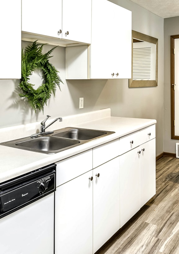 a kitchen with white cabinets and a black dishwasher