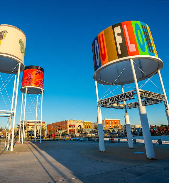 Two water towers with the word "FLOOD" on them.