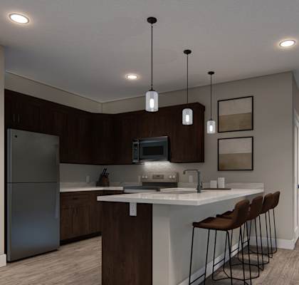 A modern kitchen with a white countertop and brown bar stools.
