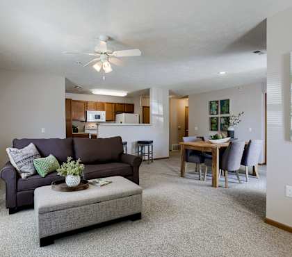 A living room with a grey couch and a grey ottoman.