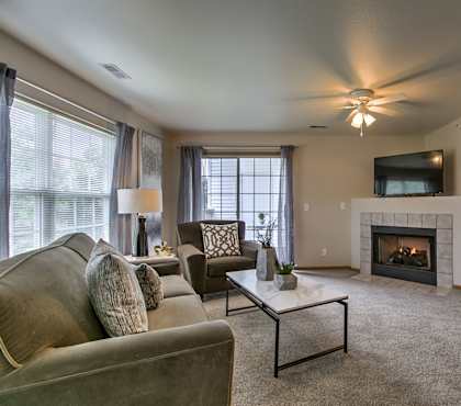 A living room with a grey couch, a coffee table, a fireplace, and a flat screen TV.