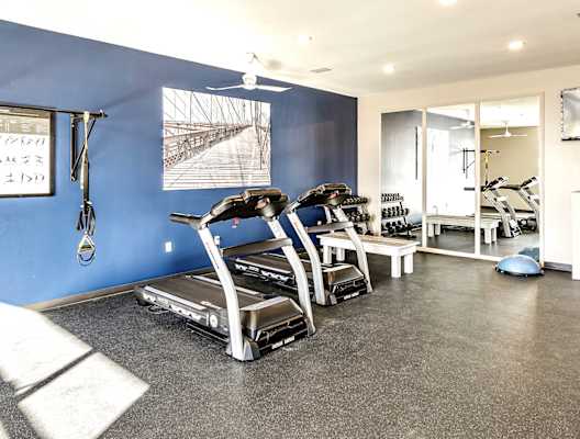 a home gym with cardio equipment and a blue wall