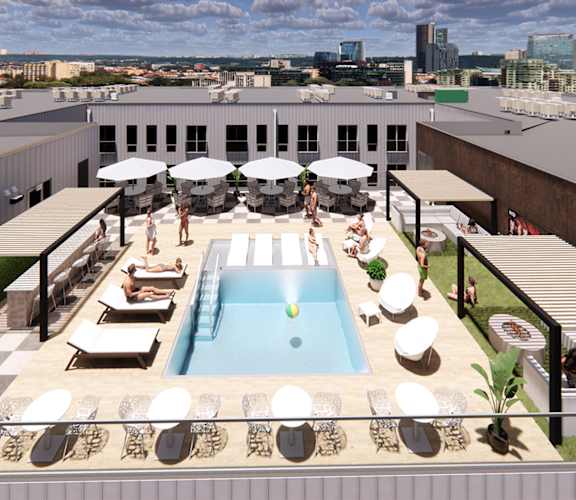 a rendering of a rooftop pool with a city in the background