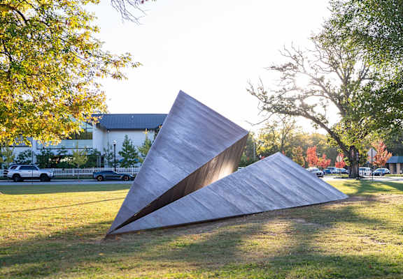 a stainless steel sculpture in the middle of a park