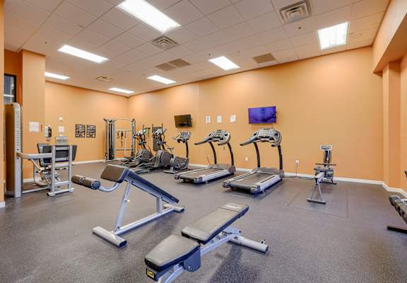 A gym with a variety of equipment including treadmills, weight machines, and benches.