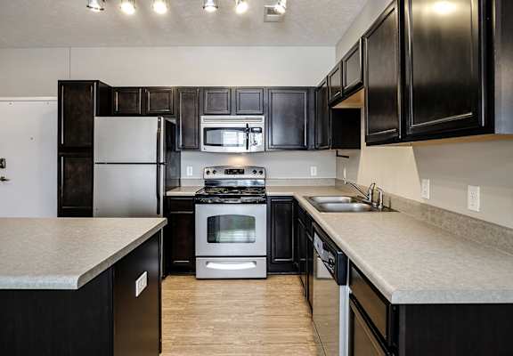 A kitchen with black cabinets and a stainless steel oven.