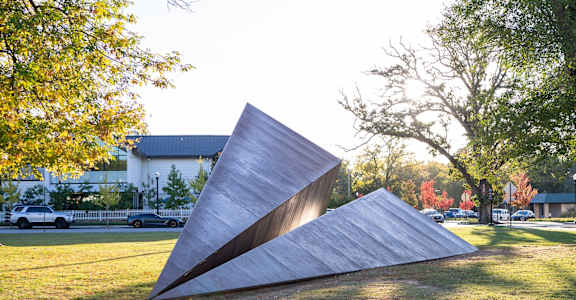 a stainless steel sculpture in the middle of a park