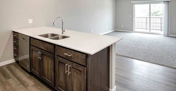 A kitchen with a sink and cabinets.