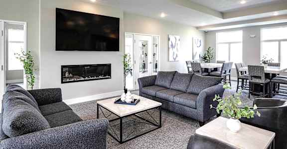 a living room with couches and chairs and a television