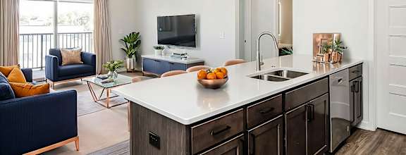 A modern kitchen with dark wood cabinets and a white countertop.