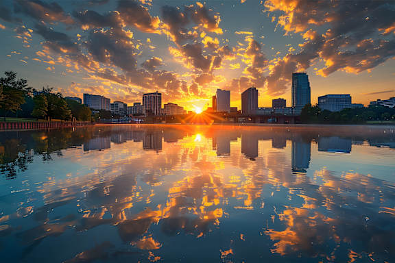 A city skyline is reflected in a body of water at sunset.
