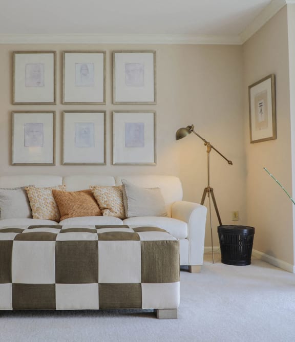 a living room with a white couch and a checkered blanket at Symphony Center Apartments, Baltimore, MD, 21201