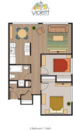a floor plan of 2 bedroom, 1 bath