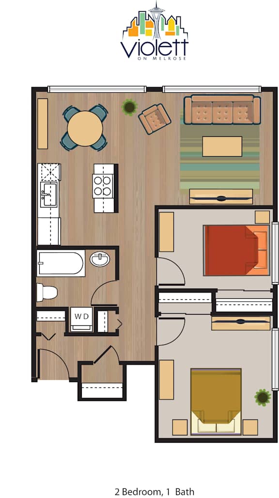 a floor plan of 2 bedroom, 1 bath