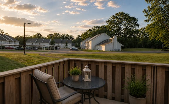 A patio with a table and chairs overlooking a house and trees.