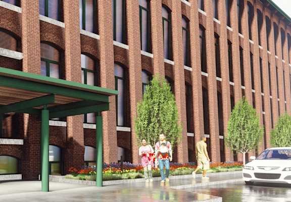 a rendering of a brick building with a green awning