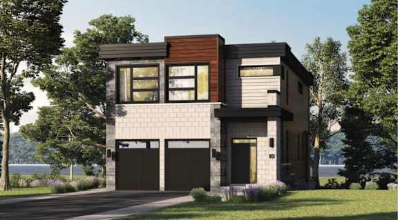A modern two-story house with a garage is surrounded by greenery.