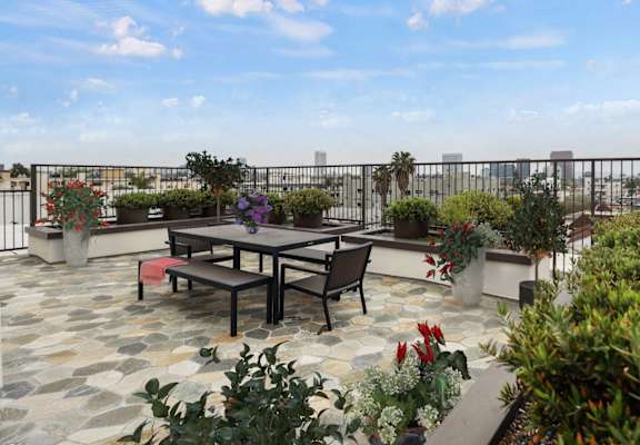 a rooftop patio with a table and chairs and plants