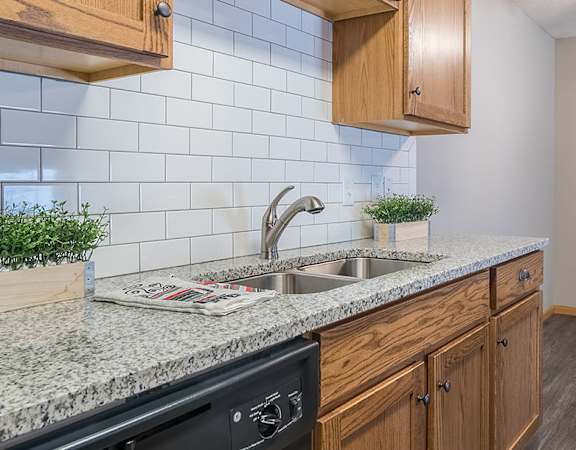 One side of a galley-style kitchen with upper and lower cabinets, dishwasher