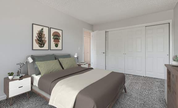 a bedroom with a bed and a closet