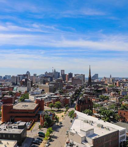 an aerial view of the philadelphia skyline