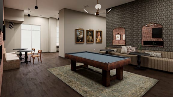 A room with a pool table and a couch.