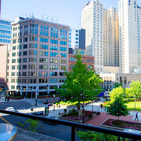 a view of the city from a balcony