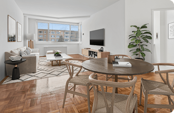 A modern living room with a wooden floor and furniture.