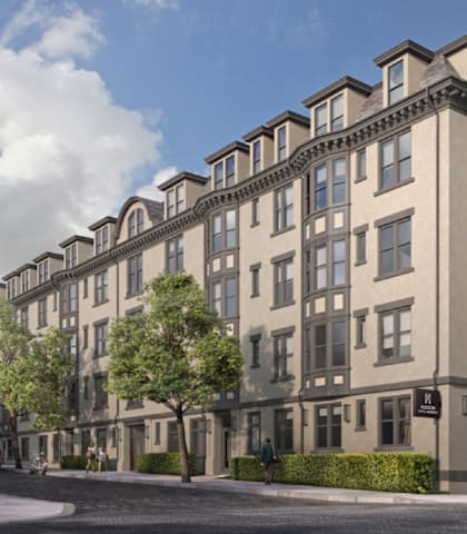a rendering of a five story apartment building on a street corner
