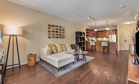 a living room with a couch and a table