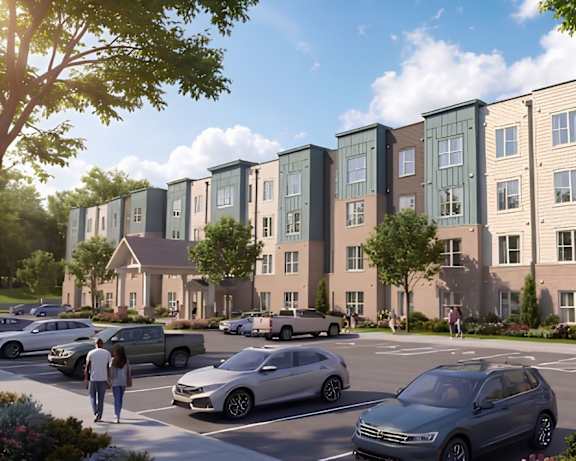 A row of modern townhouses with cars parked in front.