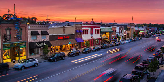 Twilight view of a busy street at Parkview Ridge Apartments and Townhomes, Michigan