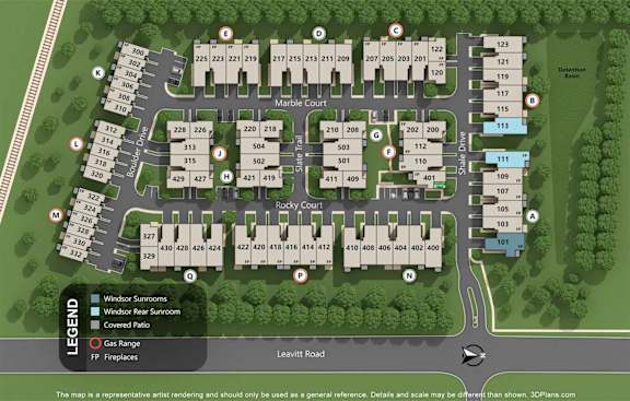 A map of a housing complex with numbered plots and labeled facilities.