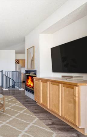 A living room with a couch, a coffee table, and a television.