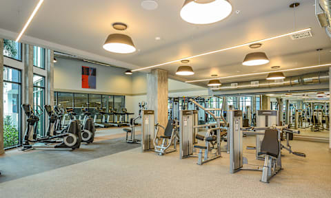 A gym with a variety of exercise equipment.