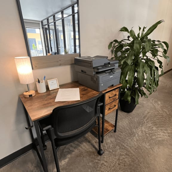 a desk with a plant and a chair in a room