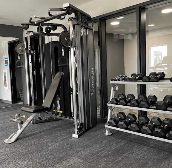 A gym with a variety of equipment including dumbbells and weight machines.