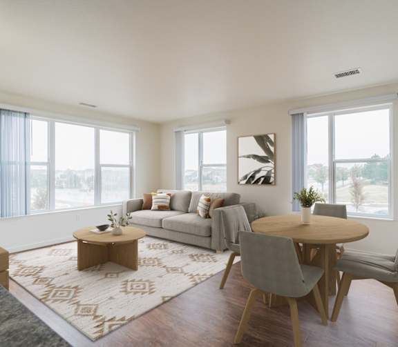 A living room with a grey couch, a wooden coffee table, and a rug.