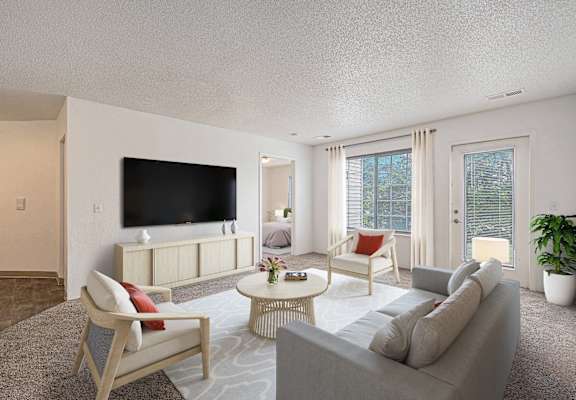 a living room with a couch and chairs and a tv at Pine Tree Apartments, Omaha, NE 68114