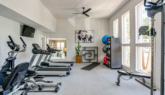 A spacious home gym with treadmills, exercise equipment, and a television.