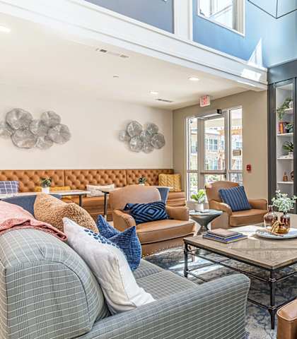 a living room with couches and chairs and a fireplace